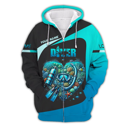 Scuba Diving Heart Custom Name 3D Shirt Personalized Gift For Diver Lovers, All Over Printed