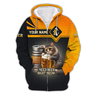 Beer Personalized 3D Shirt I Need Beer Right Meow Custom Name Shirt Gift For Beer Lovers, All Over Printed