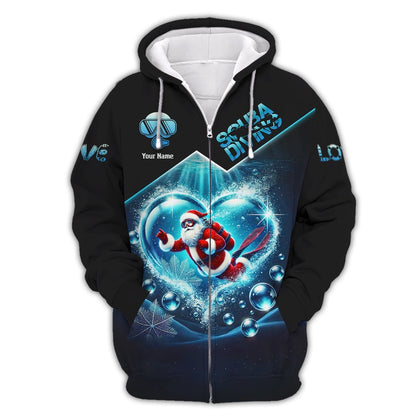 3D Full Print Santa Claus Scuba Diving Heart Shirts Personalized Name Gift For Diver Lovers, All Over Printed
