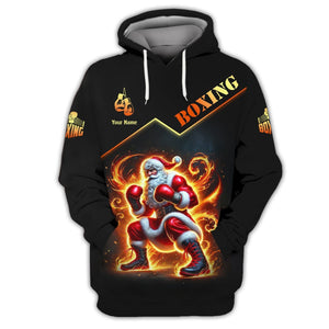 3D Full Print Boxing Santa T-Shirt - Fiery Christmas Fighter Personalized Name Gift For Boxing Lovers, All Over Printed