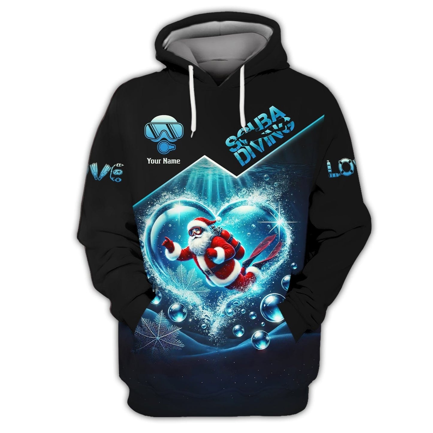 3D Full Print Santa Claus Scuba Diving Heart Shirts Personalized Name Gift For Diver Lovers, All Over Printed