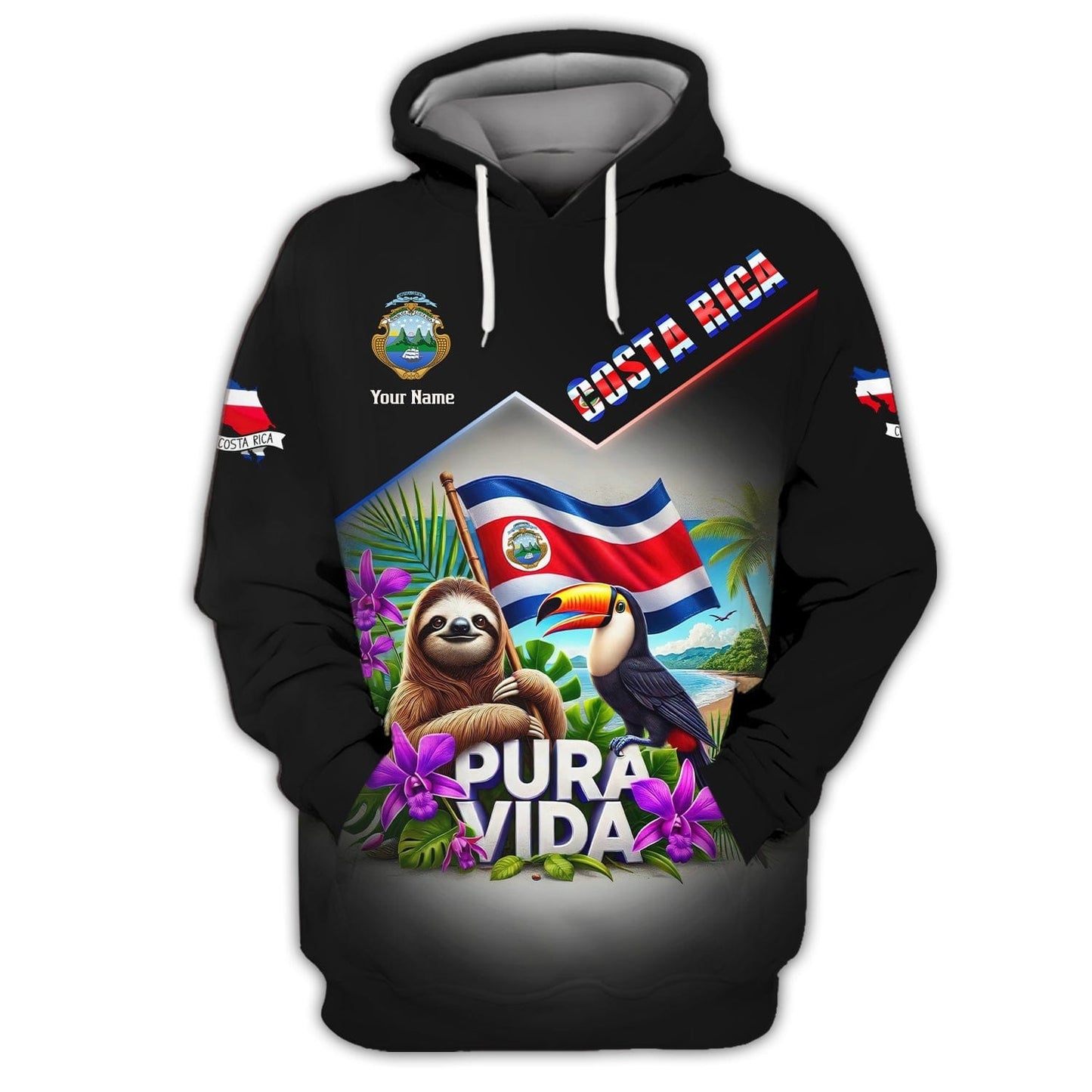 Pura Vida 3D Shirt Customizable With Name Featuring Sloth And Toucan, All Over Printed