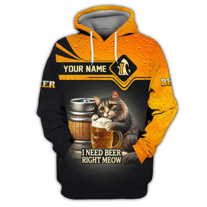 Beer Personalized 3D Shirt I Need Beer Right Meow Custom Name Shirt Gift For Beer Lovers, All Over Printed