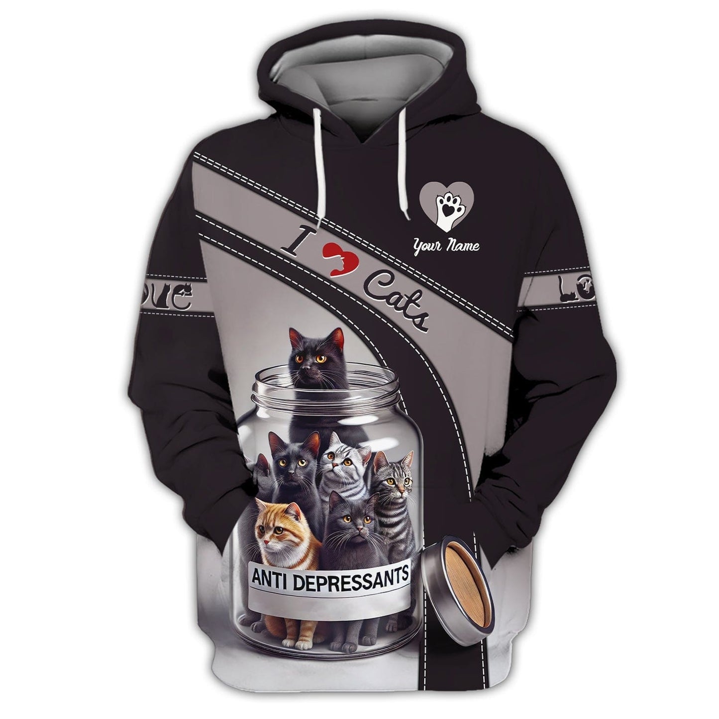 I Love Cats Custom Name 3D Shirt Cat Anti Depressants Bottle Gift For Cat Lovers, All Over Printed