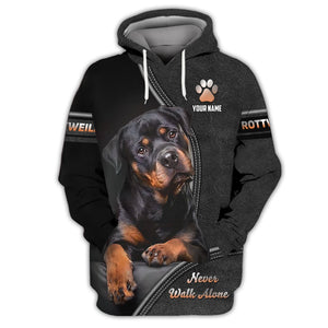 Rottweiler Custom Name Zipper Hoodie Never Walk Alone Gift For Dog Lover 3D Shirts, All Over Printed