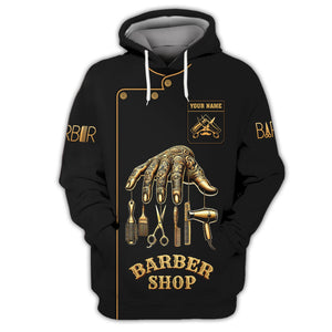 Barber Custom Name 3D T-Shirts Golden Hand In Barbering Shirt Gift For Barber Lovers, All Over Printed