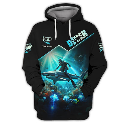 3D Full Print Diver T-Shirt Underwater Adventure With Sharks Personalized Name Gift For Diver Lovers, All Over Printed