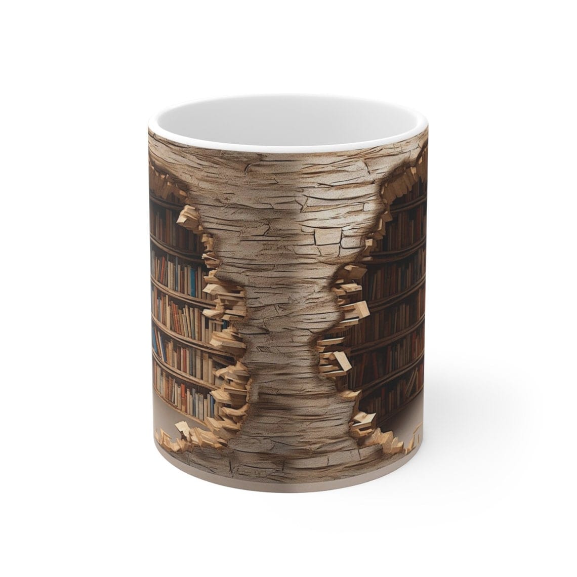 Taza con estantería 3D que presenta una biblioteca oculta con un diseño de agujero en la pared