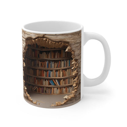 Taza con estantería 3D que presenta una biblioteca oculta con un diseño de agujero en la pared