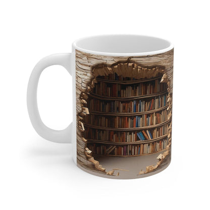 Taza con estantería 3D que presenta una biblioteca oculta con un diseño de agujero en la pared
