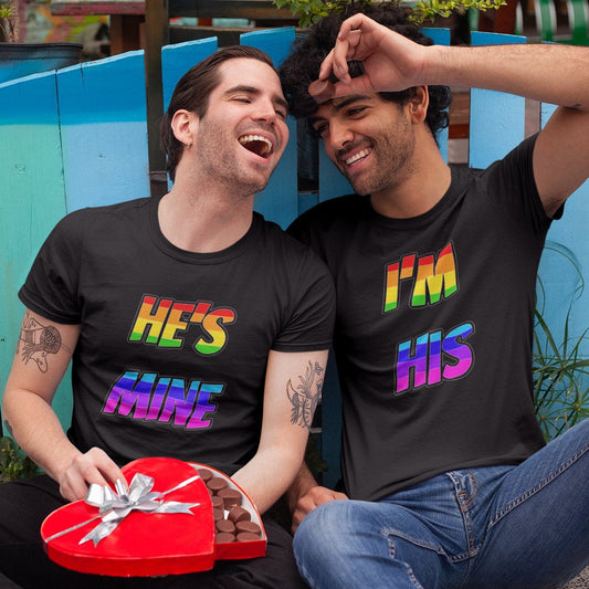 Camisetas de pareja gay a juego con el orgullo LGBTQ de "Él es mío, yo soy suyo"