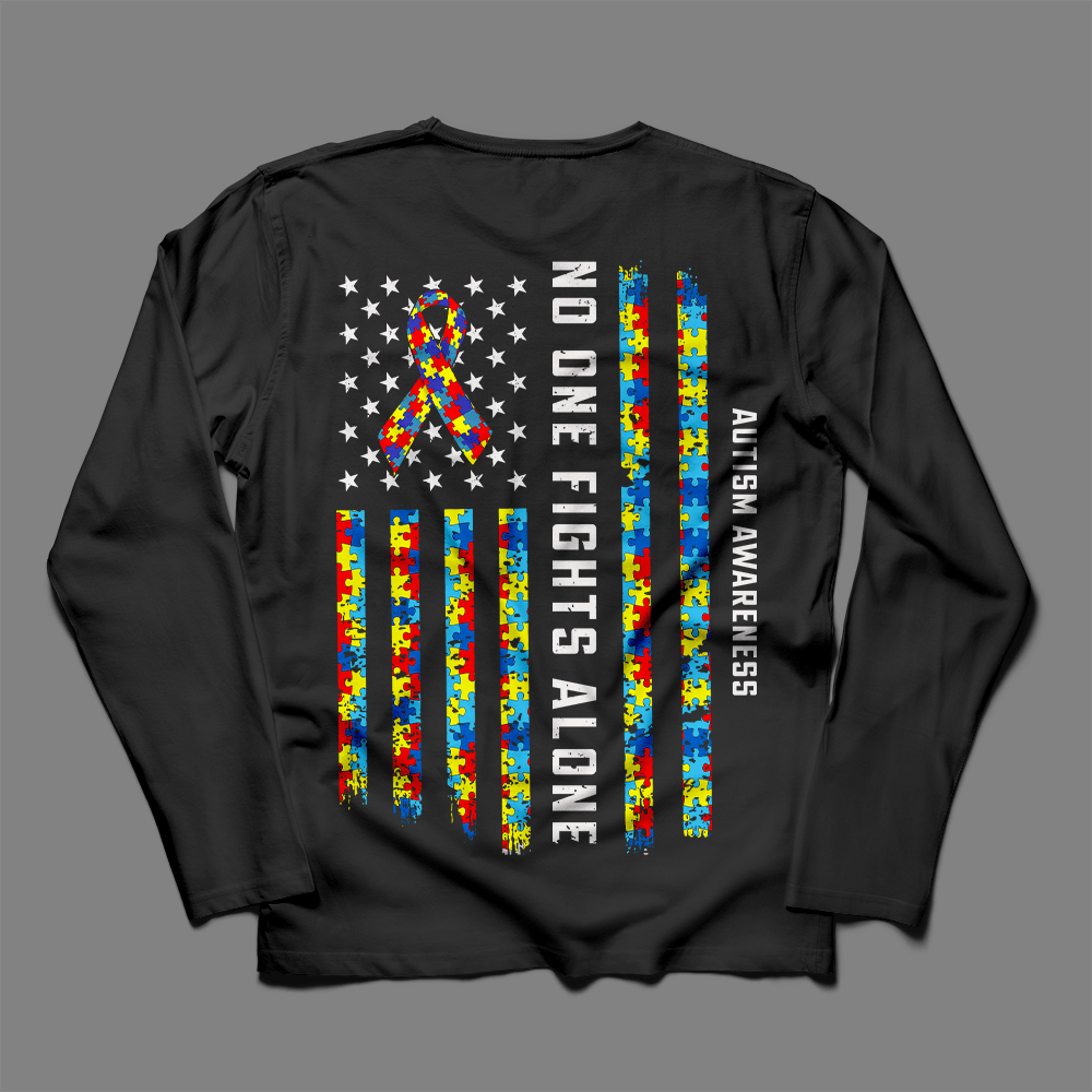 Camiseta de apoyo a la concienciación sobre el autismo, cinta con la bandera estadounidense que dice "Nadie lucha solo"