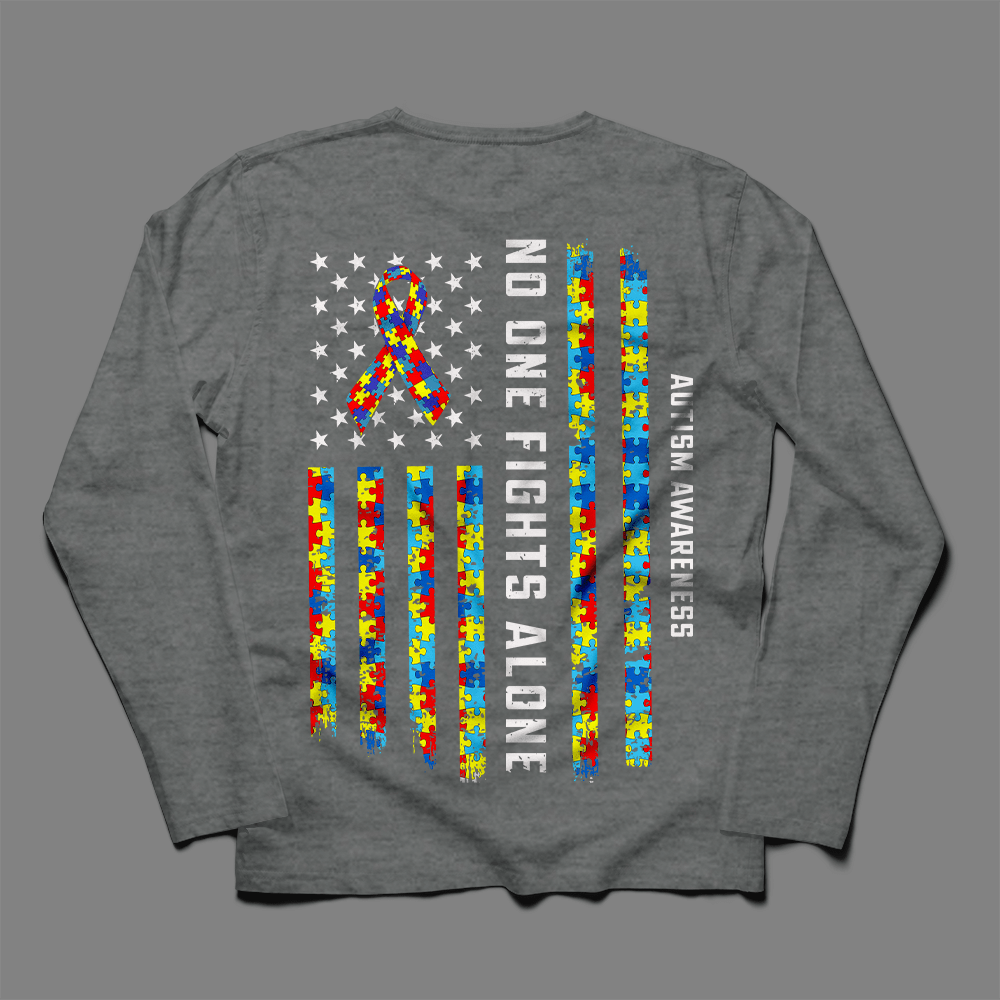 Camiseta de apoyo a la concienciación sobre el autismo, cinta con la bandera estadounidense que dice "Nadie lucha solo"