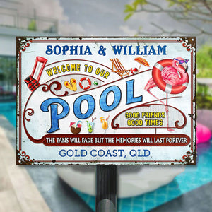 Personalized Flamingo Metal Sign - Welcome To Our Pool, Good Friends Good Times