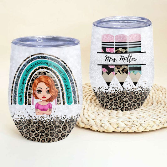 Vaso de vino personalizado para profesores: enseñar, amar, inspirar, motivar, alentar, conectar, escuchar, incluir, liderar