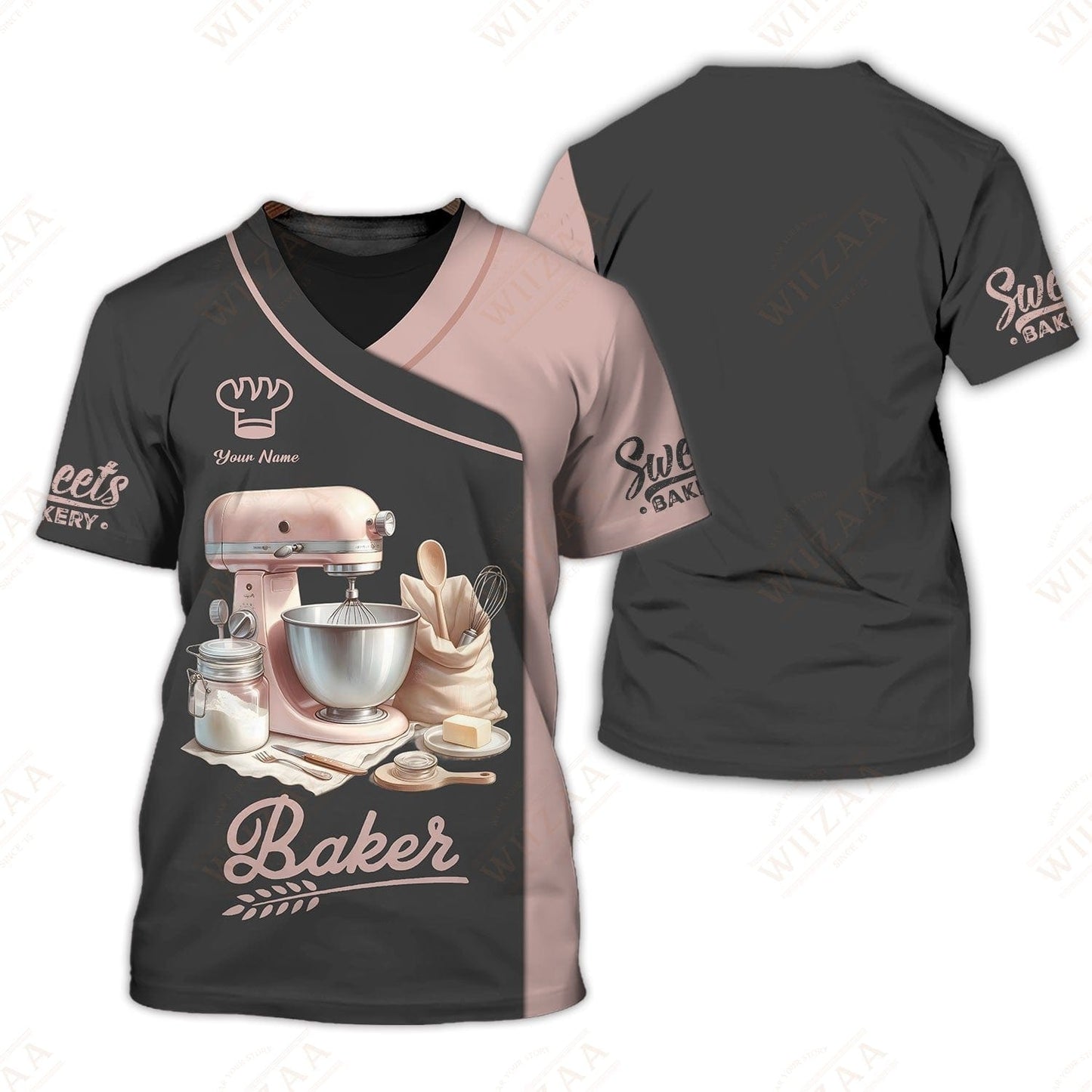Personalized Baker Shirt - Traditional Mixer & Tools with Delicate Pastry Sleeve Accents