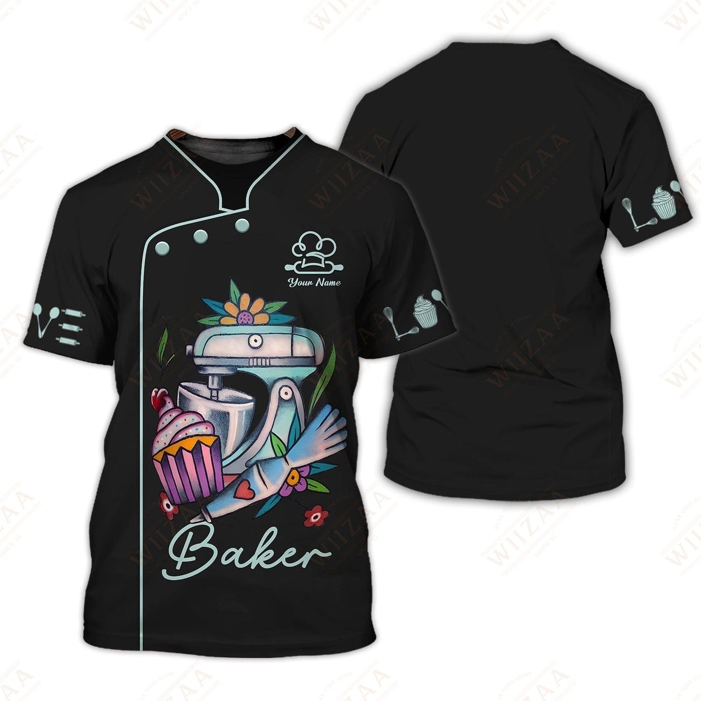 Personalized Baker Shirt - Playful Kitchen Mixer and Cupcake Artwork