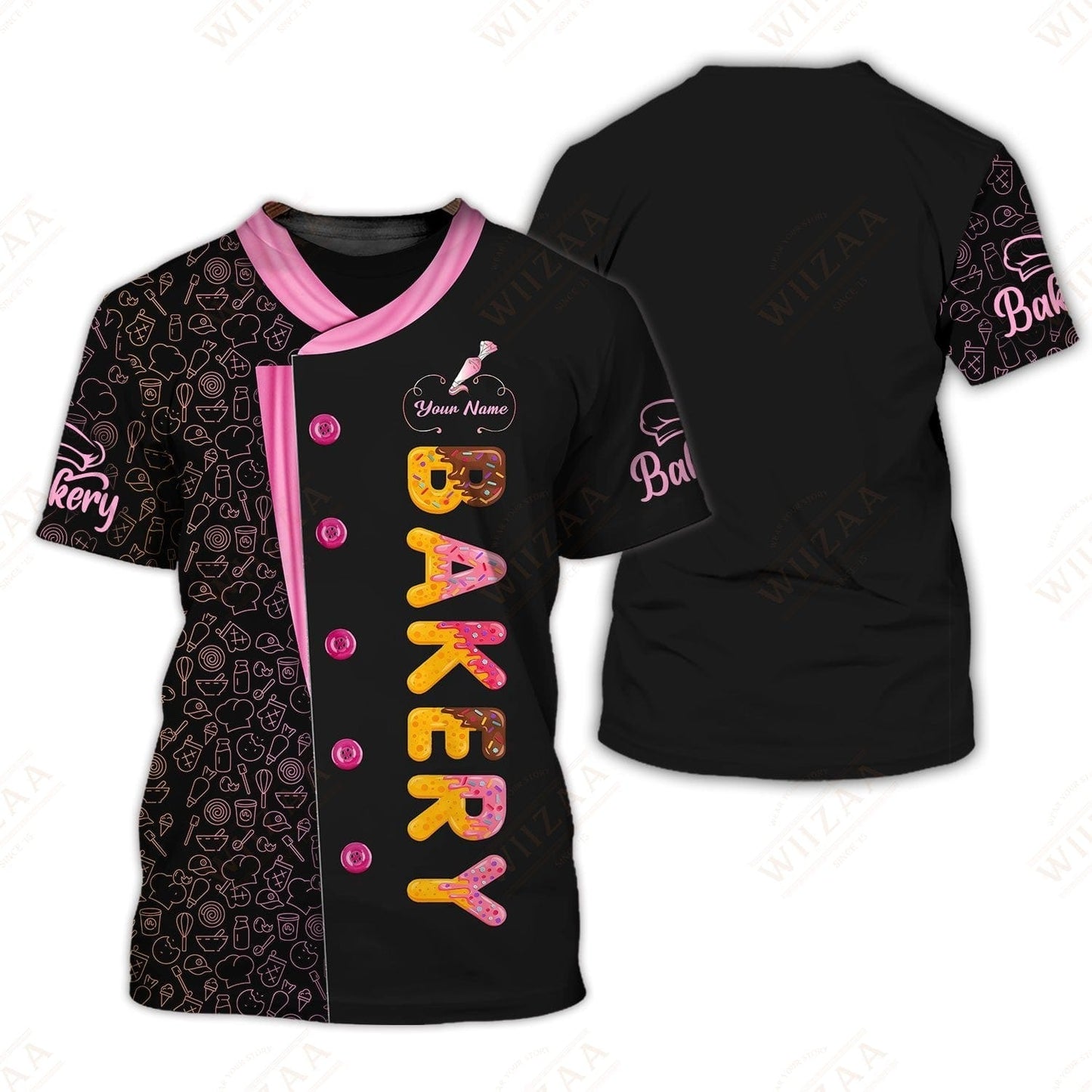 Personalized Baker Shirt - Bright Donut Typography with Dessert Border Detail