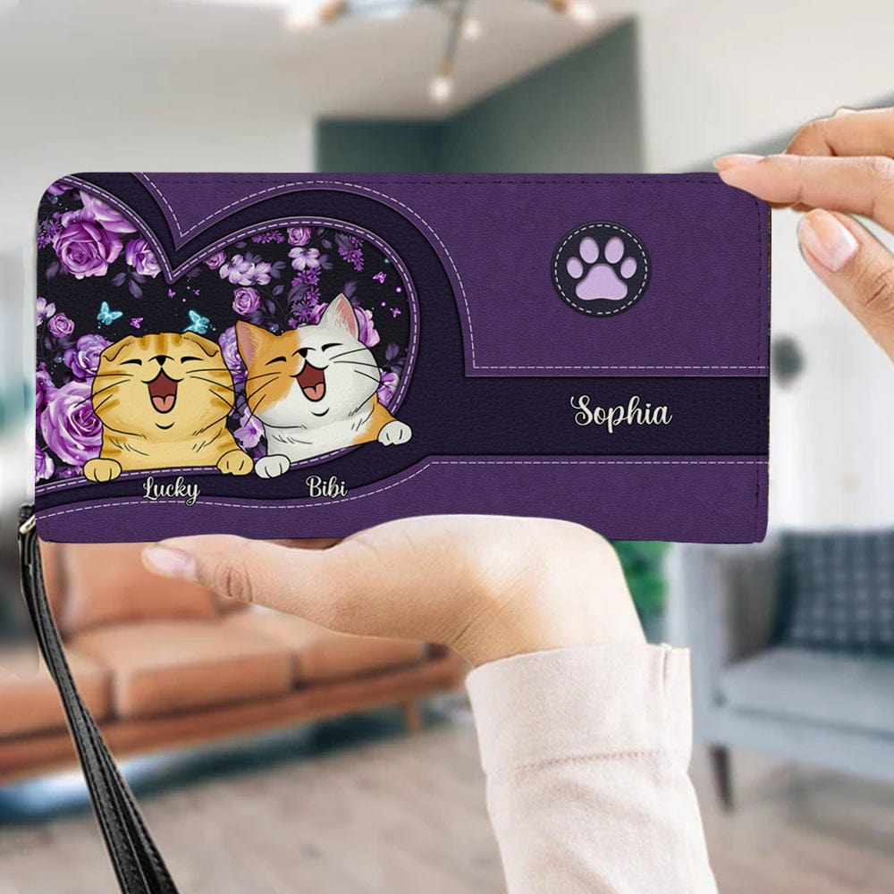 Personalized Cat Wallet 20x11cm - Customizable Cat Breed & Name Design, Featuring A Smiling Cat Against A Purple Ethnic Background