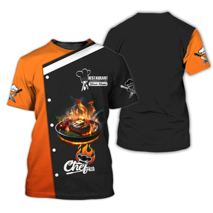 Camisa de chef personalizada: diseño de filete en llamas en negro y naranja