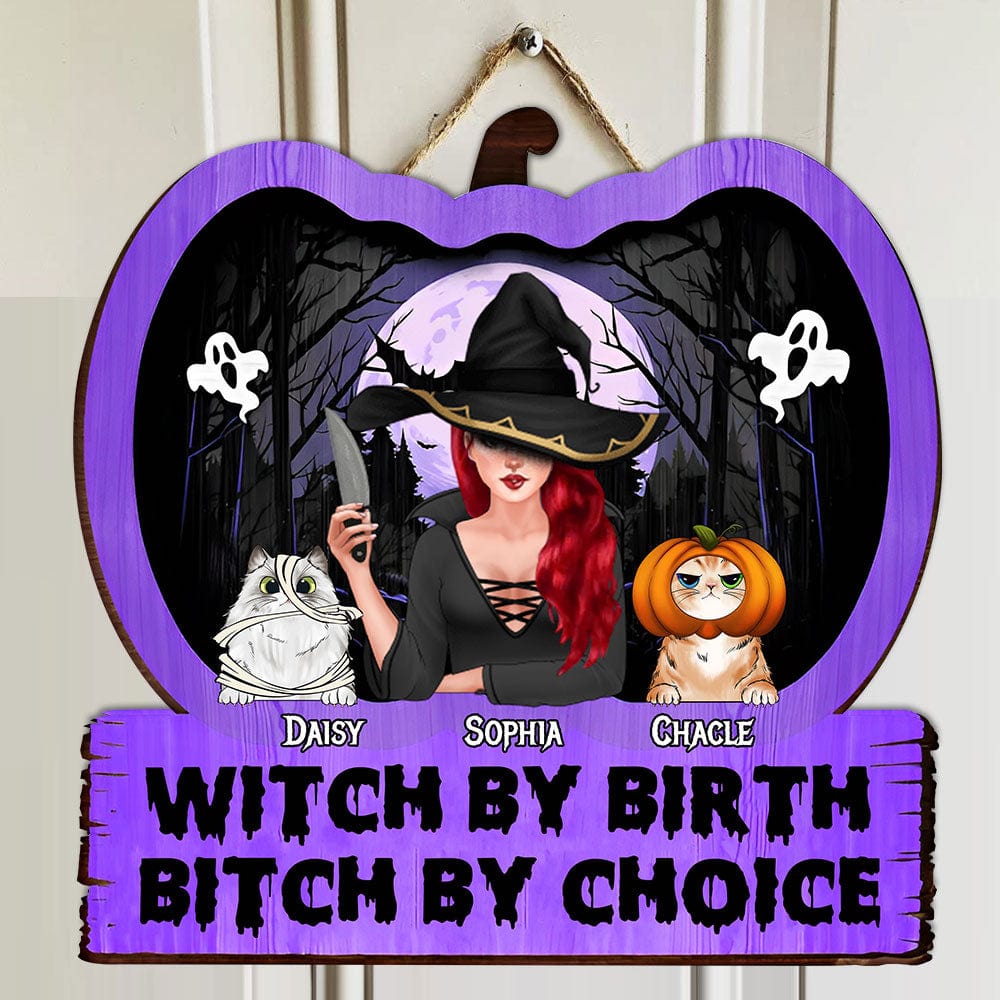 Personalized Cat Halloween Wood Sign - Witch By Birth Bitch By Choice