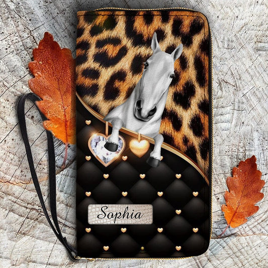 Cartera de caballo personalizada de 20 x 11 cm: diseño personalizable con nombre y raza de caballo y fondo de corazón