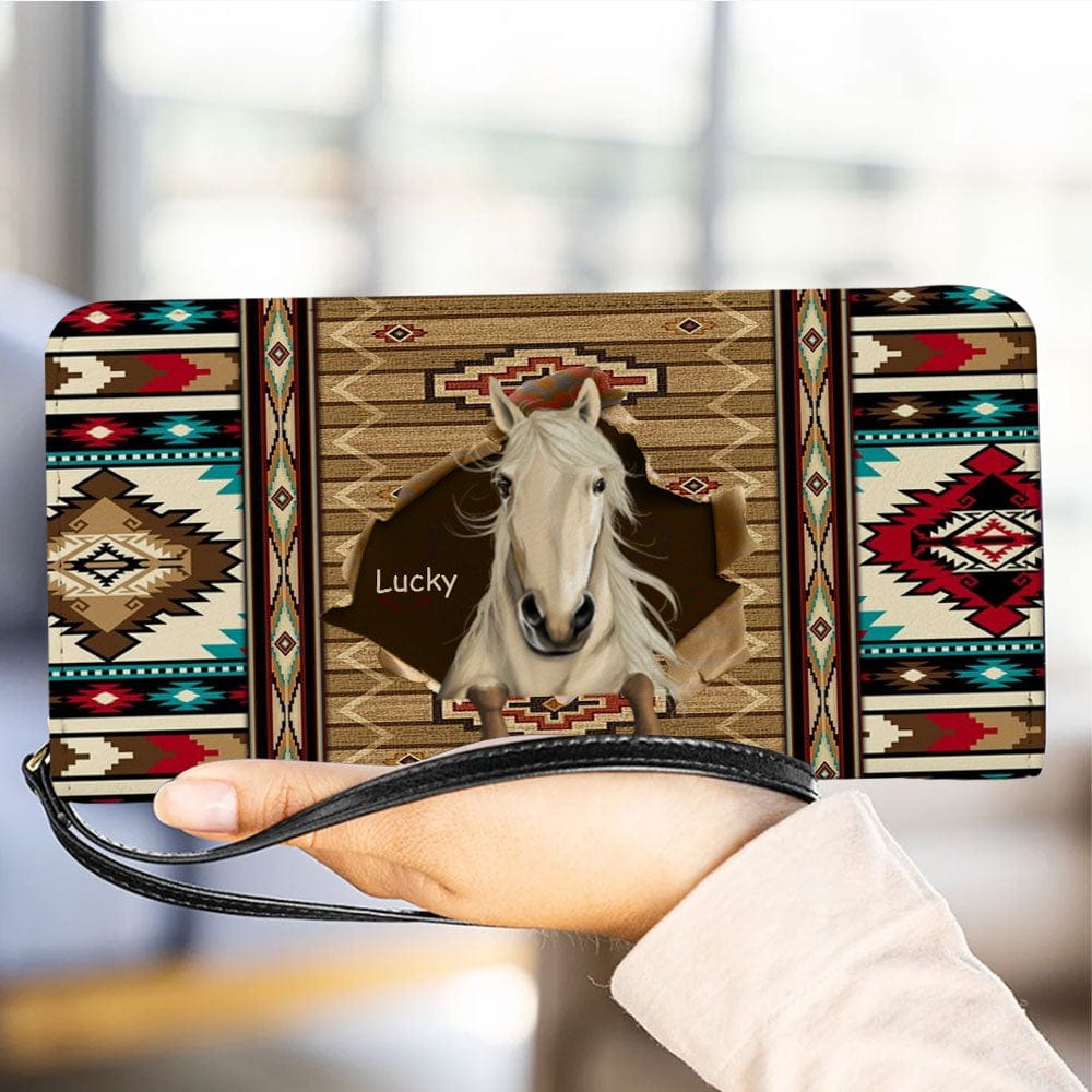 Personalized Horse Wallet 20x11cm - Customizable Horse Breed & Name Design With Faux Wood Background