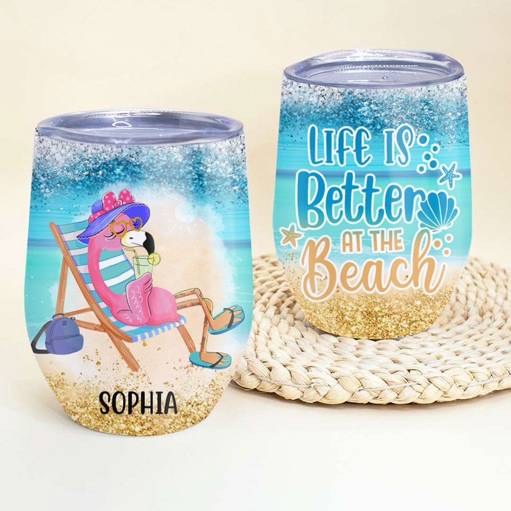 Vaso de vino personalizado con diseño de flamenco: la vida es mejor en la playa