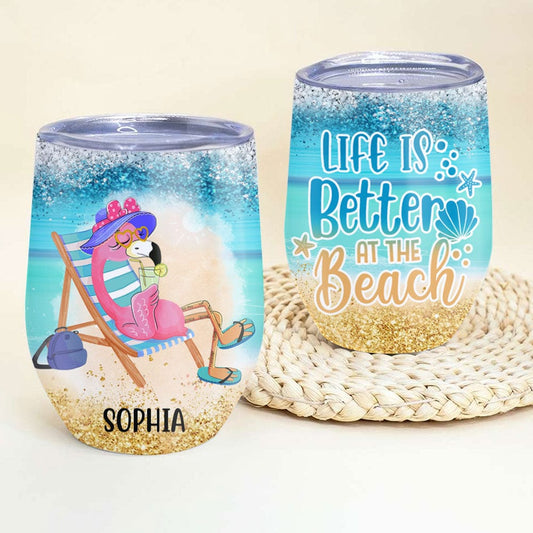 Vaso de vino personalizado con diseño de flamenco: la vida es mejor en la playa