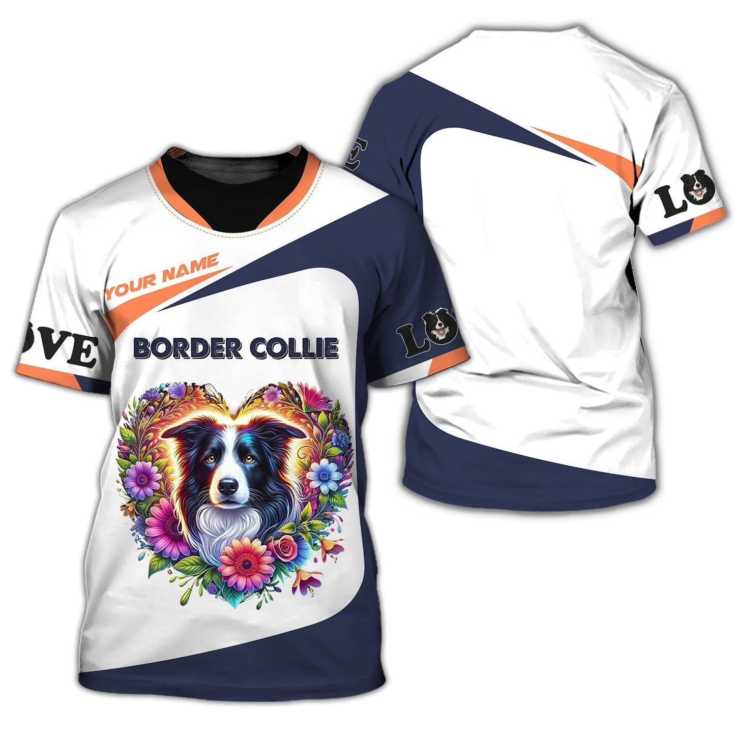 Personalized Border Collie Shirt - Vibrant Floral Heart Design, All Over Printed