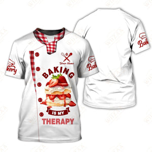 Personalized Baker Shirt - 'Baking is My Therapy' Strawberry Cake Motif