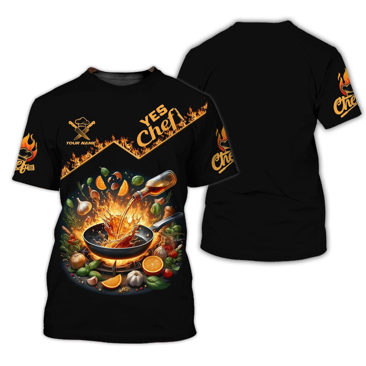 Personalized Chef Shirt - Fiery Skillet & Colorful Ingredients Display