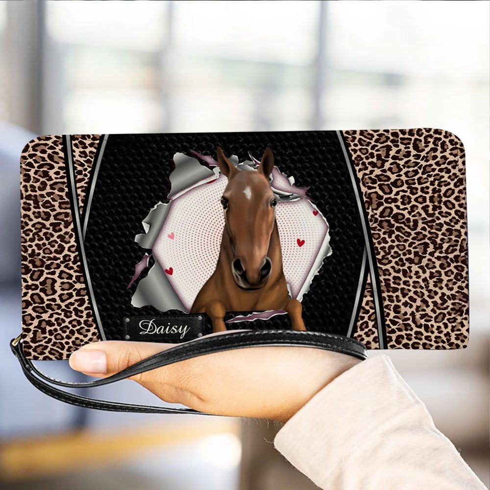Personalized Horse Wallet 20x11cm - Customizable Horse Breed & Name Design With Leopard Background