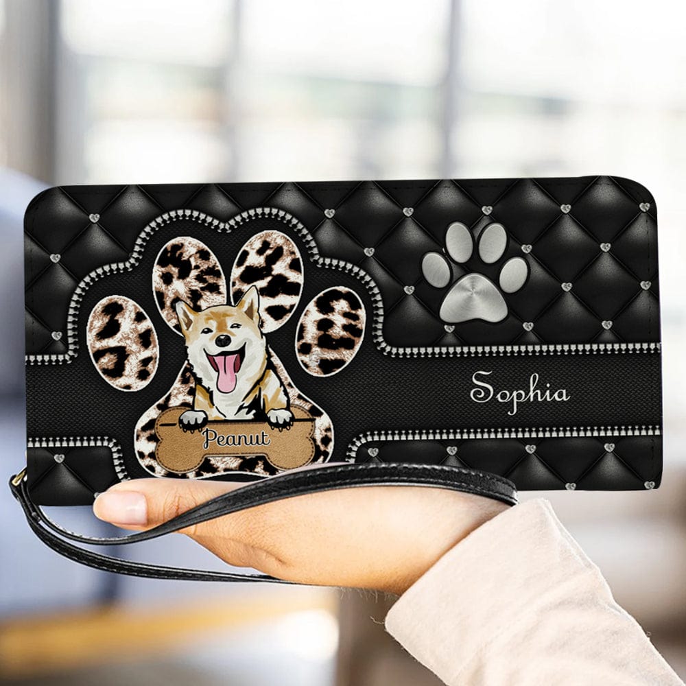 Cartera para perro personalizada de 20 x 11 cm: diseño personalizado con nombre y raza de perro, patrón de piel sintética, color negro