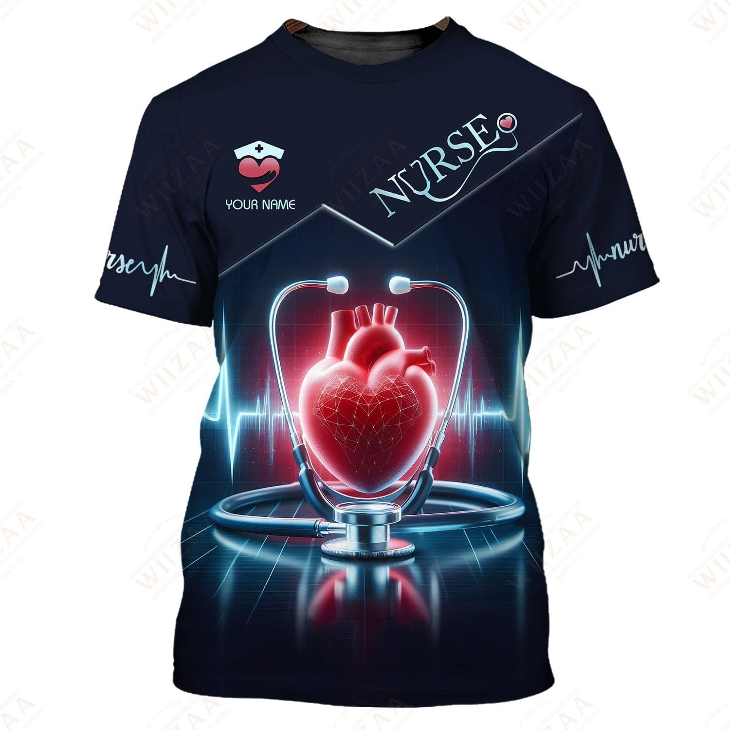 Personalized Nurse T-Shirt - EKG Line and Stethoscope Print | Relaxed Medical Apparel