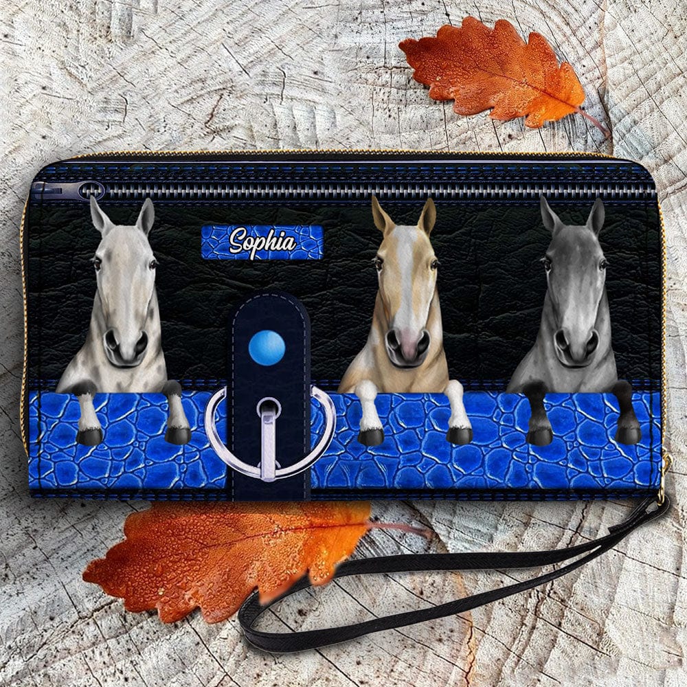 Personalized Horse Wallet 20x11cm - Customizable Horse Breed & Name Design With Blue, Black Background