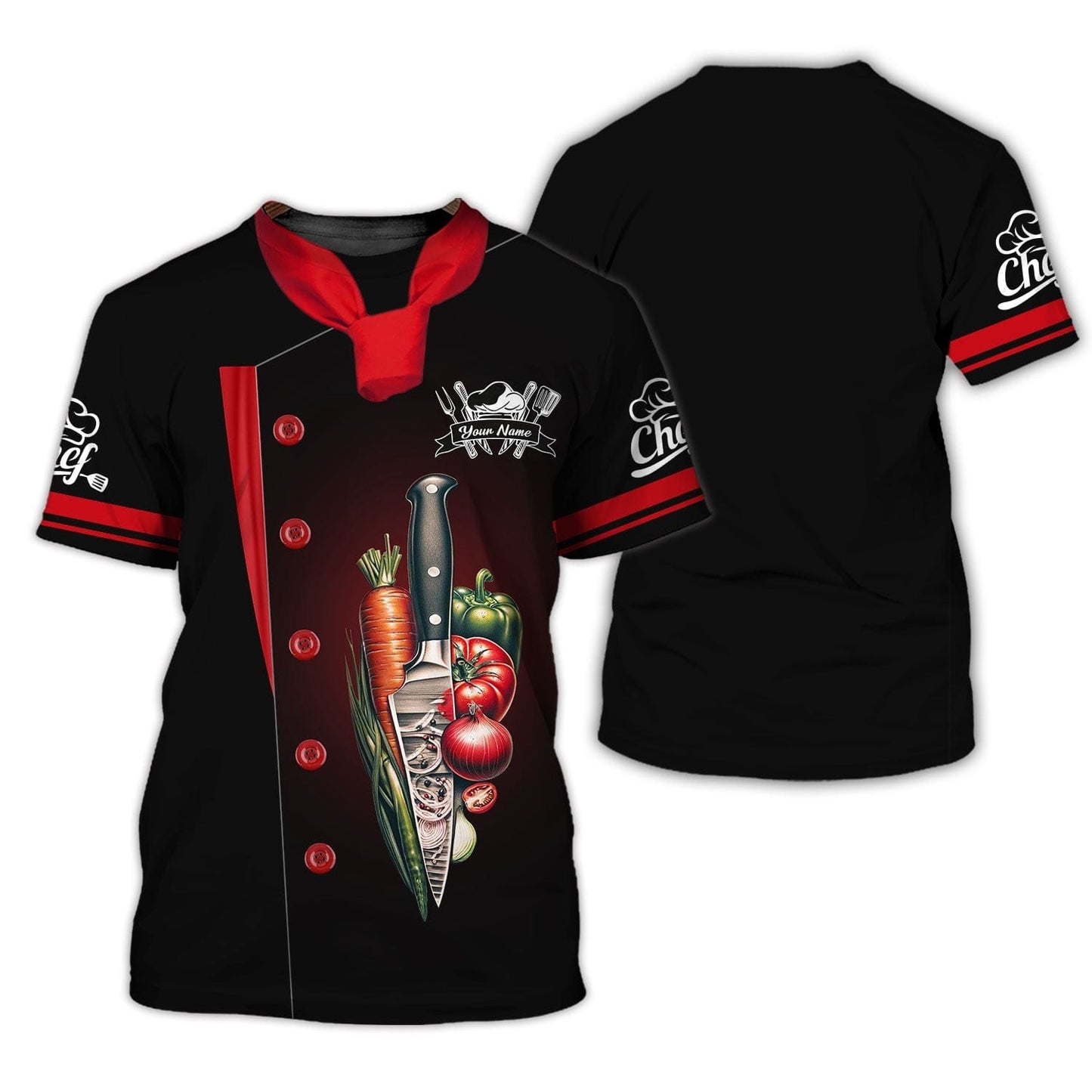 Personalized Chef Shirt - Fresh Harvest Knife & Vegetables Emblem, All Over Printed