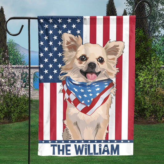 Personalized Chihuahua House & Garden Flag, American Flag Backdrop And A Flag-Wearing Pup By Your Side