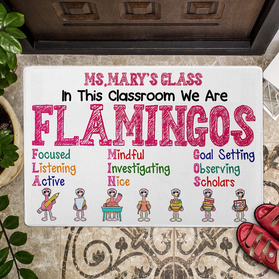 Personalized Flamingo Doormat - In This Classroom We Are As Unique And Colorful As Flamingos