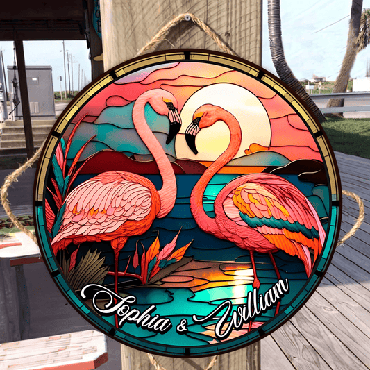 Letrero de madera redondo personalizado con flamencos: amor y flamencos: un reflejo de nosotros
