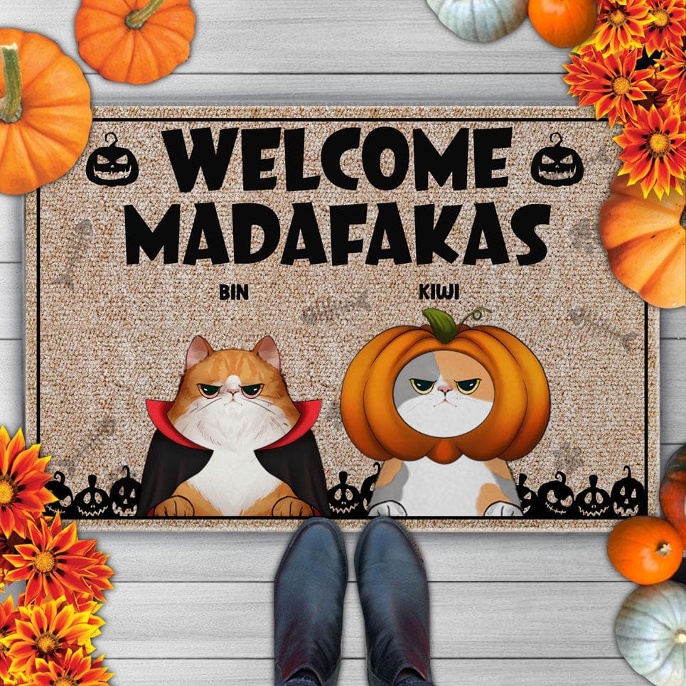 Personalized Cat Halloween Doormat - Welcome, Feline Fiends: Paws, Claws & Midnight Paws