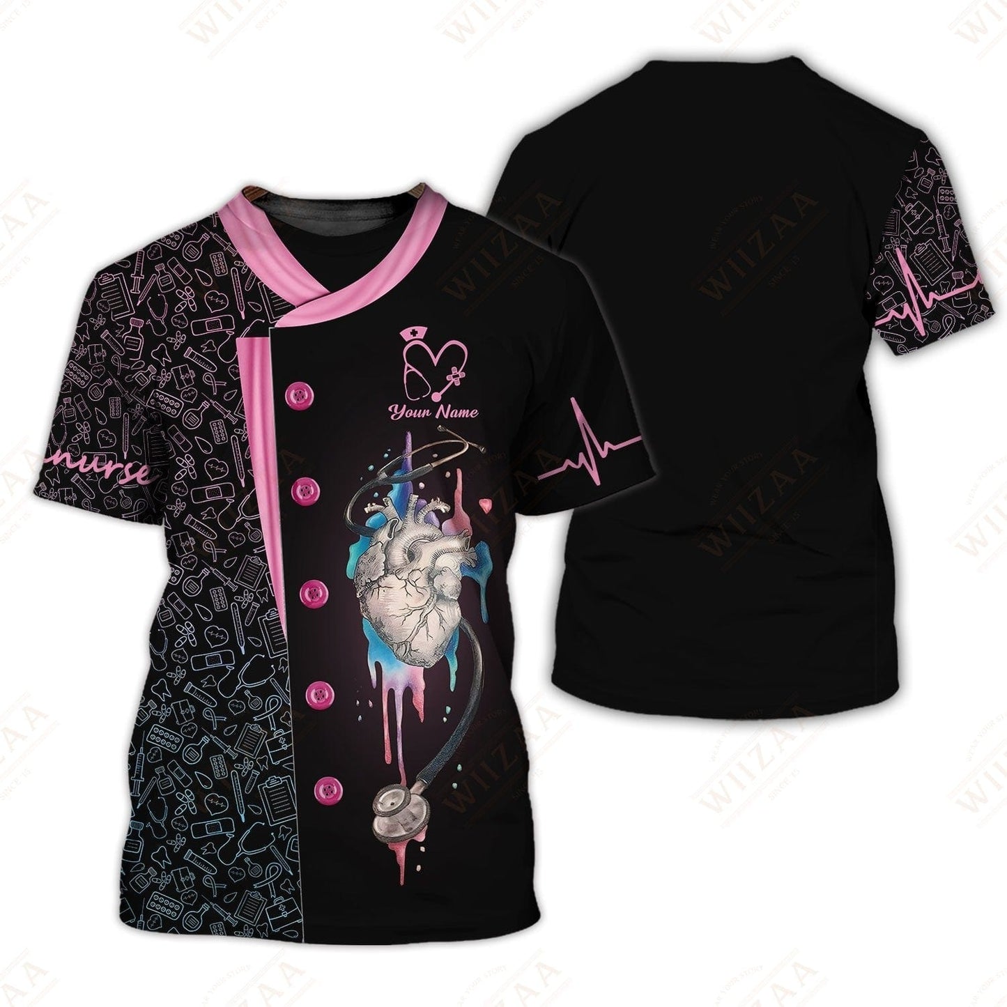 Camiseta de enfermera personalizada: ilustración de línea de ECG y corazón anatómico