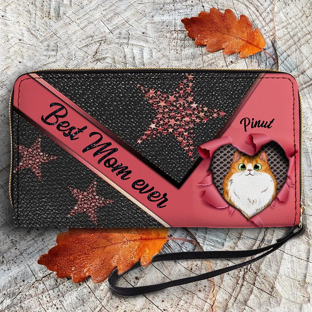 Personalized Cat Wallet 20x11cm - Customizable Cat Breed & Name Design With Pink Star & Heart Background