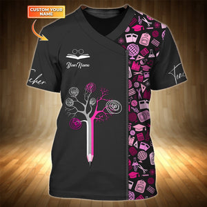 Camiseta personalizada con estampado integral para profesores: color negro y rosa, árbol de la sabiduría sobre un fondo vívido