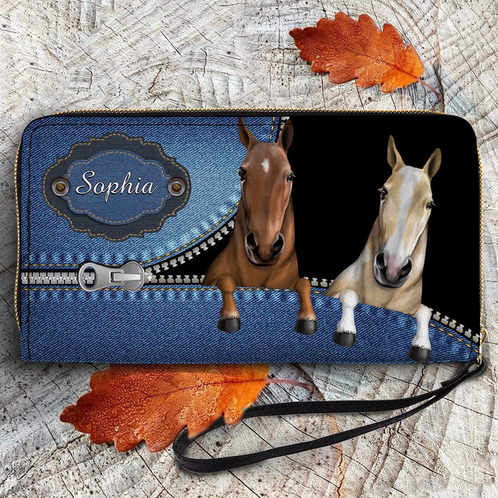 Personalized Horse Wallet 20x11cm - Customizable Horse Breed & Name Design With Blue Background