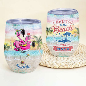 Personalized Flamingo Wine Tumbler - Exclusive Design of Flamingo Holding Wine Strolling the Beach