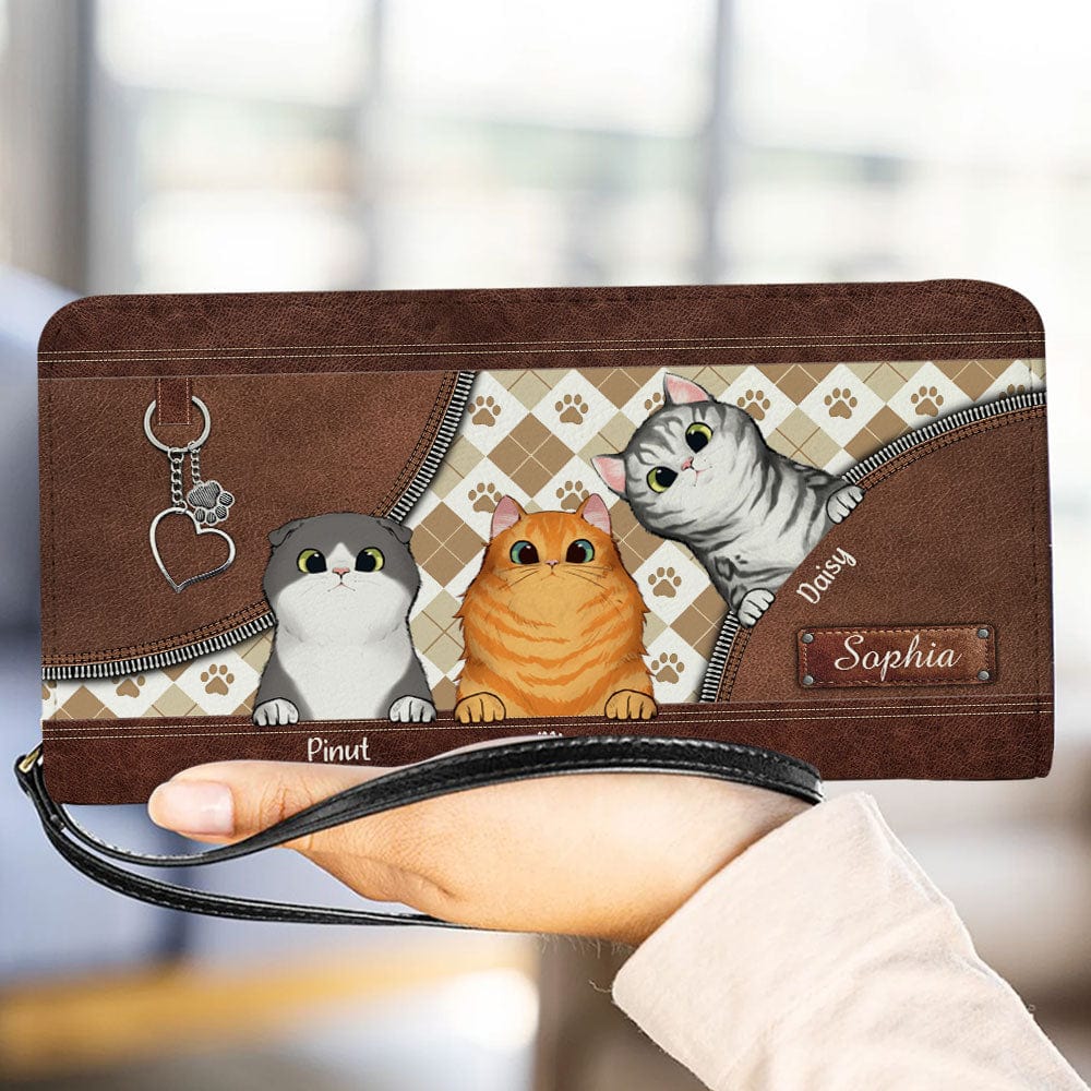 Personalized Cat Wallet 20x11cm - Customizable Cat Breed & Name Design, Square Pattern on a Leather Background