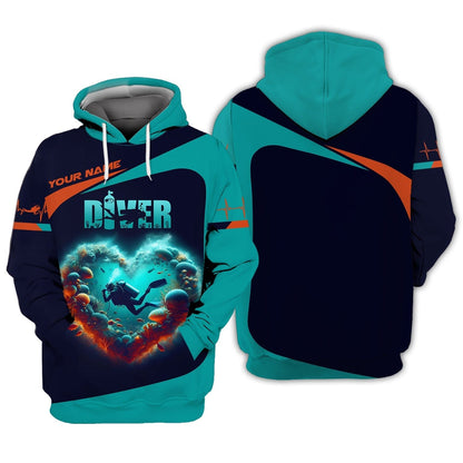 3D Full Print Scuba Diving Heart Shirts Personalized Name Gift For Diver Lovers, All Over Printed