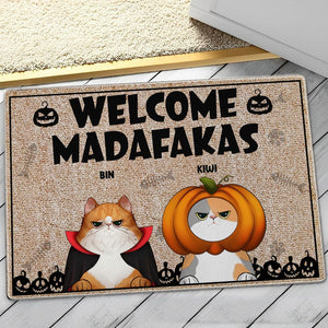 Personalized Cat Halloween Doormat - Welcome, Feline Fiends: Paws, Claws & Midnight Paws