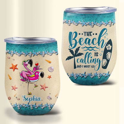 Vaso de vino personalizado con flamenco: la playa me llama y debo ir